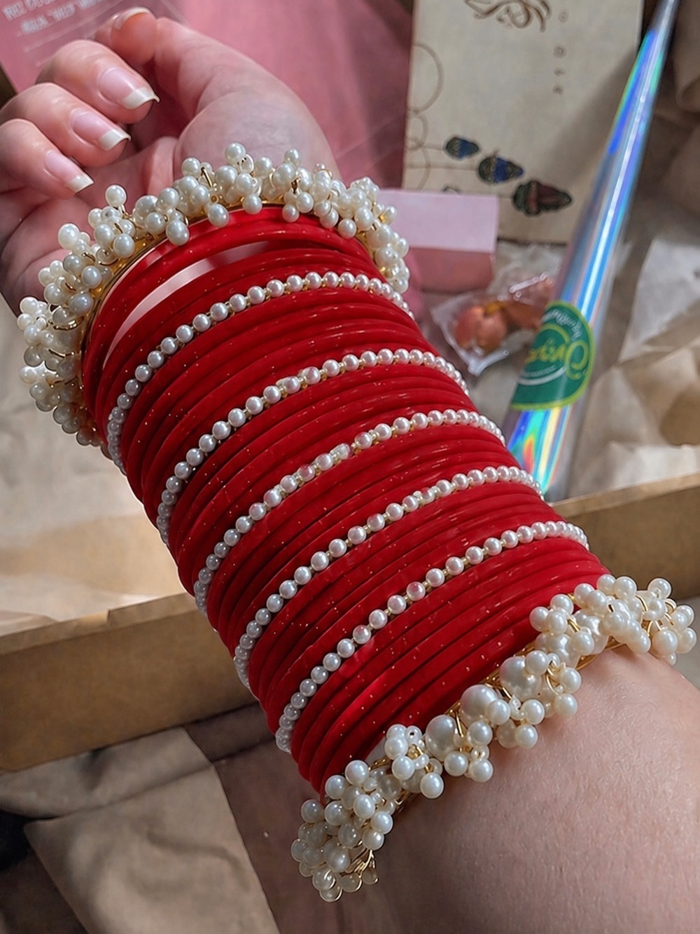 PAKISTANI DESIGNER BANGLES SET Pearl Trim RED GORGEOUS VELVET GLASS GAJRAS